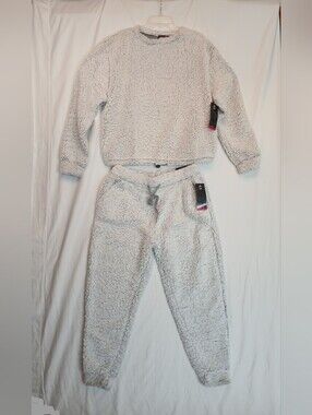 White & Gray Sherpa Look Popcorn Knit Top & Jogger Pants Set 3X New!